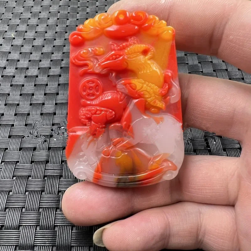 Natural Color Handmade Carved Goat Jade Pendant, Fashionable Boutique Jewelry, Men's and Women's Three Sheep Kai Tai Necklace