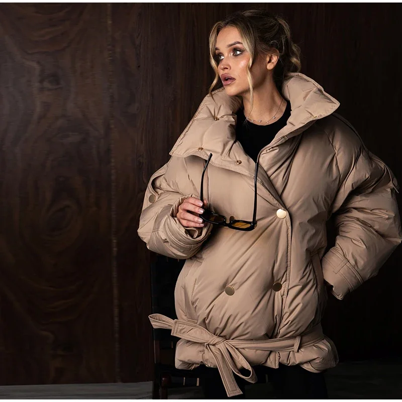 Übergroße Mäntel für Damen, mit Revers, Schulterklappen, doppelreihig, mit Schnürung am Saum, wattierte Jacken, Winter, langärmelig, einfarbig, neue Oberbekleidung. – Detail 1