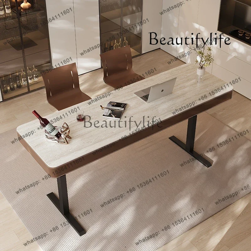 

Retro Travertine Rock Slab Electric Lifting Bar Table Household Computer Desk Office Dual Motor Lifting Table