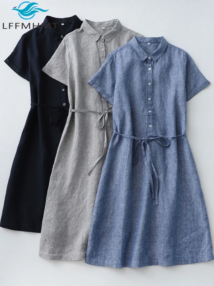 Sommer Mode Baumwolle Leinen Kleid Frauen Japan Stil Einfarbig Spitze Up Taille Einfache Grundlegende Elegante Kleid Weibliche Slim Fit Kleid