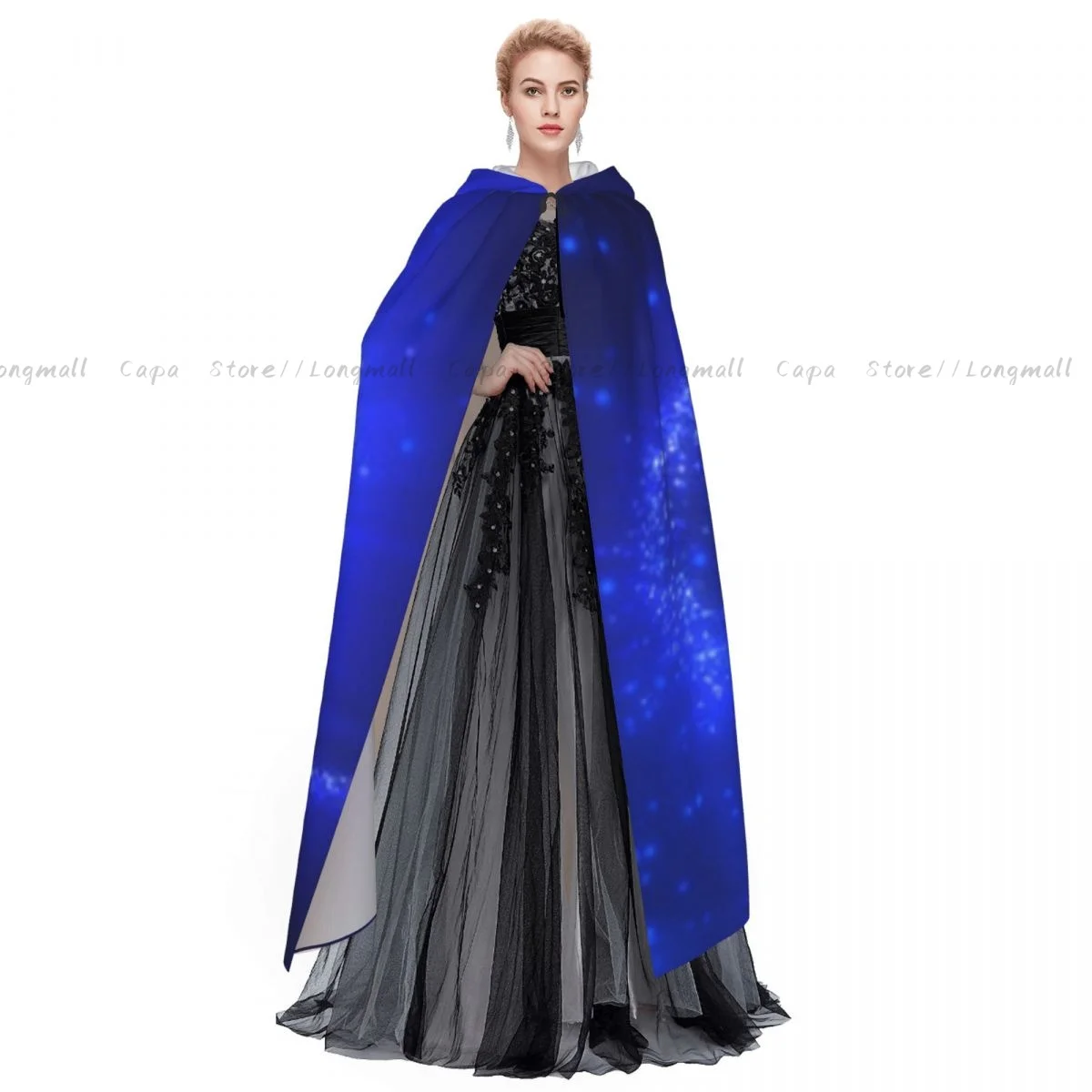 Adult Vampire Cape Hooded Robe Abstract Heart Love Blue Halloween Cloak Full Length Cosplay