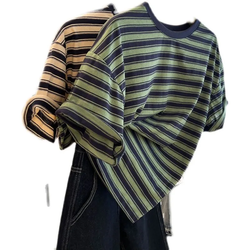 Retro een Striped Loose Fit ort Sve Women's T-irt Lazy Sle Base irt Summer New Arrival Korean Sle round Ne