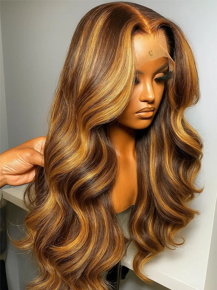 

4/27 Colored Body Wave Highlight Human Hair Wig 13x4 HD Lace Frontal Wig Pre Plucked Honey Blonde Lace Front Hair Wigs For Women