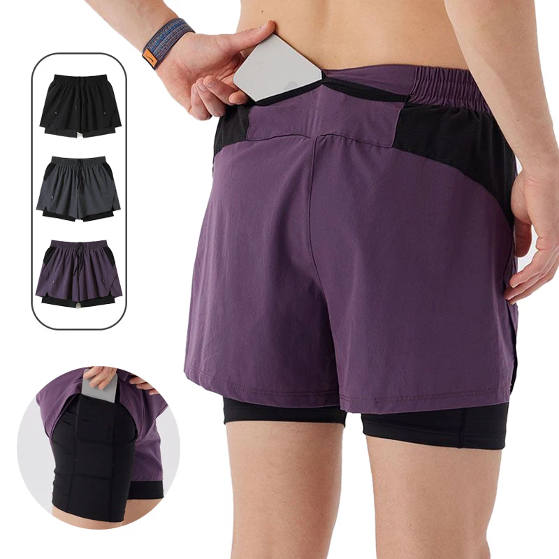 

(M-3XL) Мужские шорты для бега, 3-дюймовые быстросохнущие шорты на подкладке с карманом для телефона, марафонская дорожка, спортивные шорты для треккинга и фитнеса