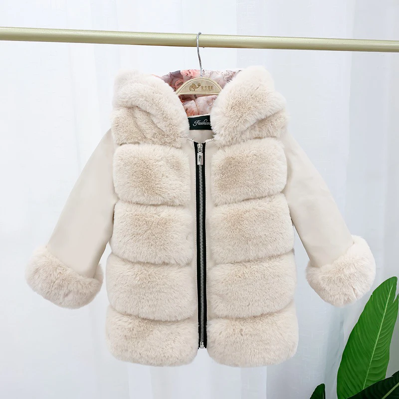 

High Quality Faux Fox Fur for Little Girls Jacket Fashion Korean Winter Autumn Coats Grey Pink White Child Plush Thick Outerwear