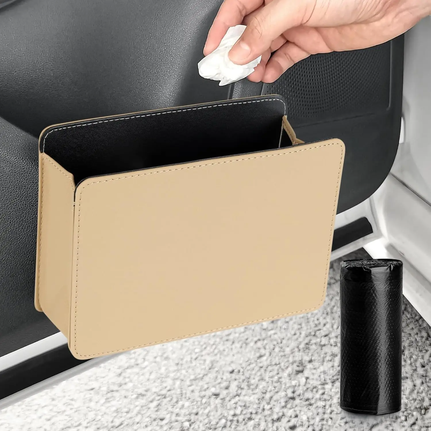 Car Trash Can, Collapsible Leather Vehicle Trash Bin Car Dustbin Garbage Organizer Holder with One Roll Trash Bag, Foldable Hang