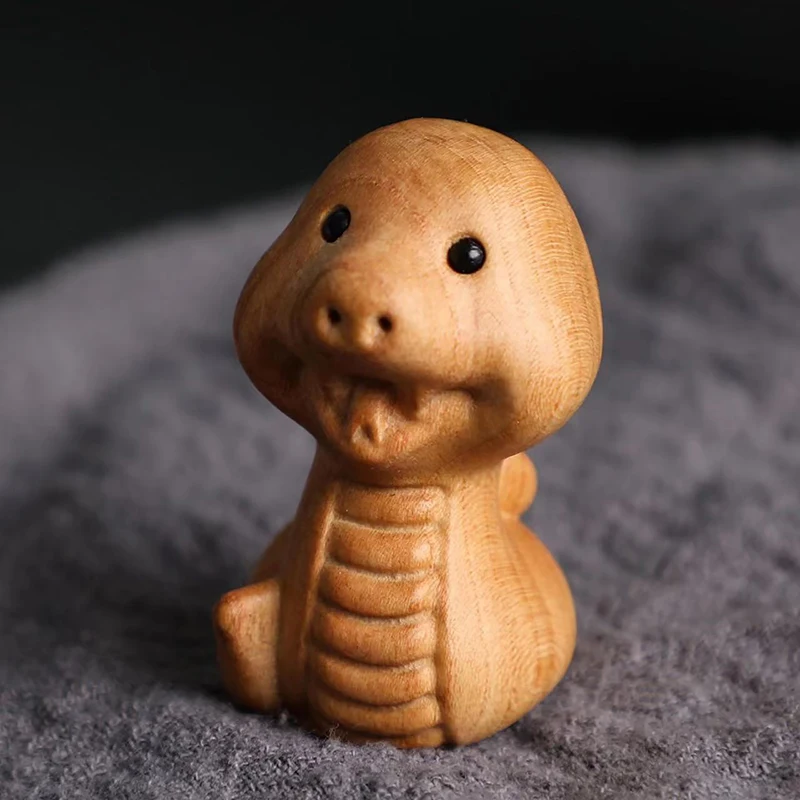 Mini Wood Carving Chinese New Year Snake Ornaments Zodiac Statue Cute Snake Animal Decor Office Desktop Decor Car Decoration