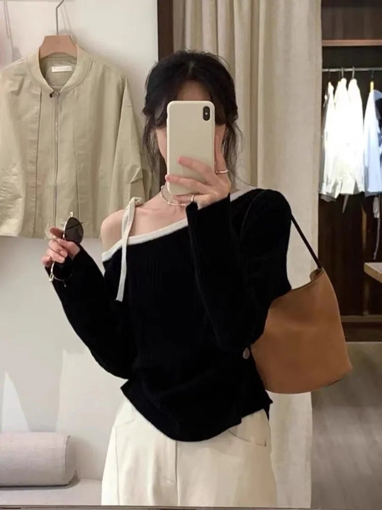 

Falfashion Autumn Women Knitted Top Fall Pullover Off-shoulder Sweater Elegant Korean Style Knitwear Long Sleeve Casual Clothing