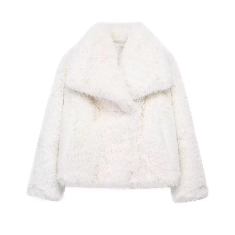 Women's Oversized Faux Fur Jacket with Wide Lapel Collar Fluffy Short Coat Winter Warm Outerwear Elegant New Design