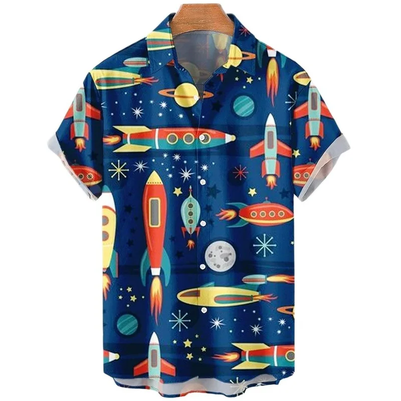 Rocket Graphic Shirts for Men Clothing 3D Printed Hawaiian Vacation Beach Shirt Lapel Blouse Summer Casual Clothes Tops Chemise