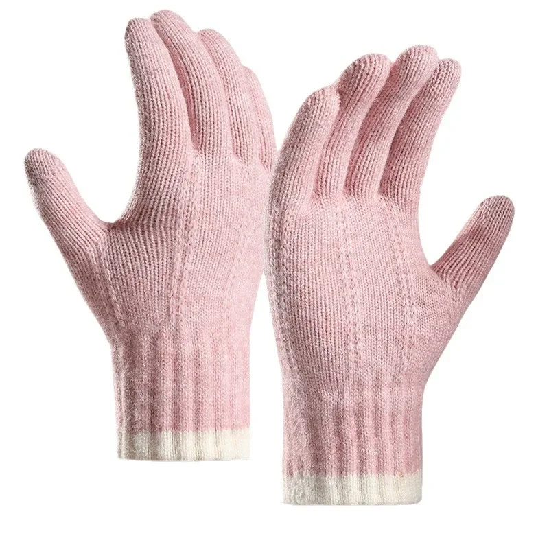 Women Winter Warm Gloves Korean Style Couples Knitted Thick Touchscreen Full Finger Gloves for Cold Weather Cycling