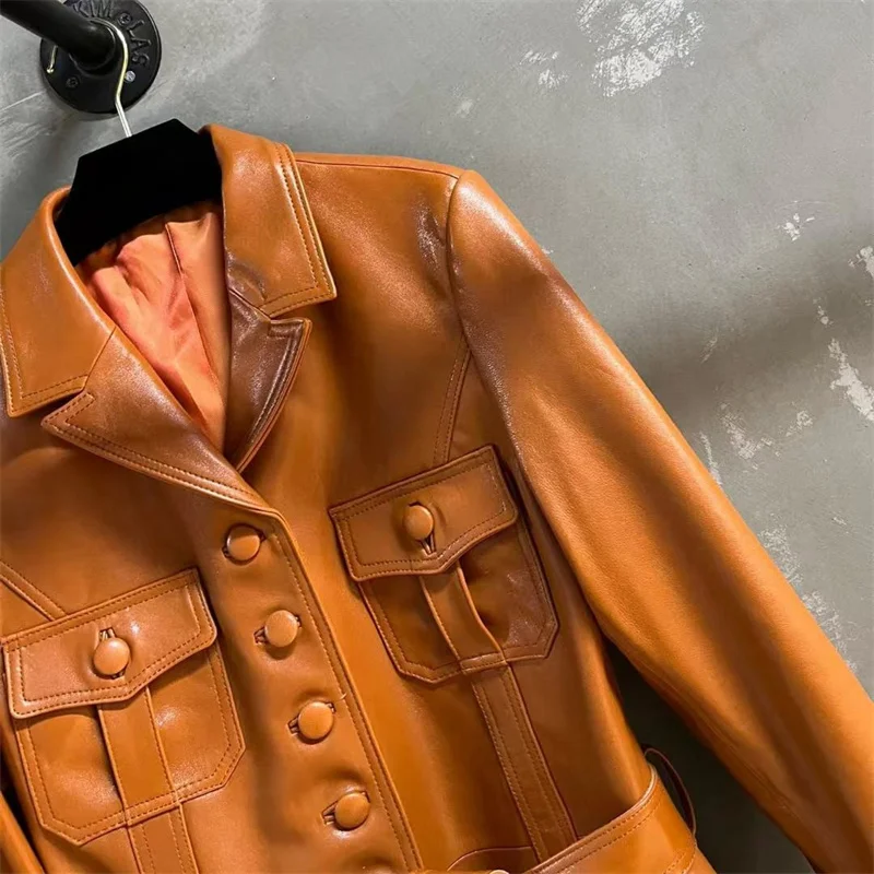 High Quality Sheepskin Autumn Real Leather Jacket Women Single Breasted Female Jackets Belt Slim Luxury Leather Coat