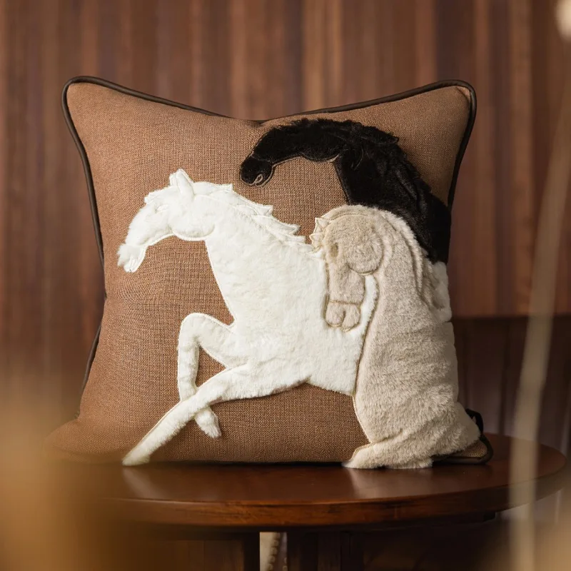 

Horse Pillows Retro Brown Cushion Case Luxury Decorative Pillow Cover For Sofa 45x45 Embroidery Art Living Room Home Decoration