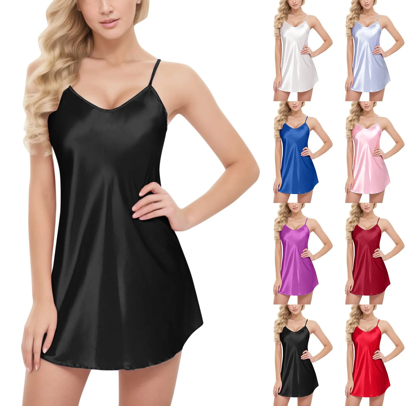 Women Sexy Silk Stain Nightdress Spaghetti Strap solid Sleepwear dress Smooth Soft Comfortable ladies Nighties multicolor Pajama