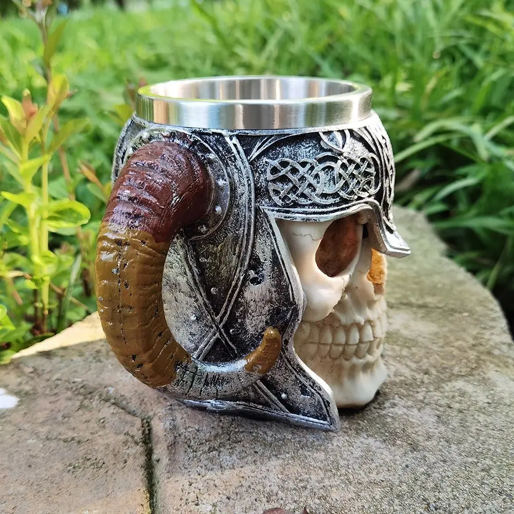 

Halloween Bar Gift Skull Resin Stainless Steel Mug Ram Horned Pit Lord Viking Warrior Mug Beer Tankard Coffee Mugs Drinking Cup