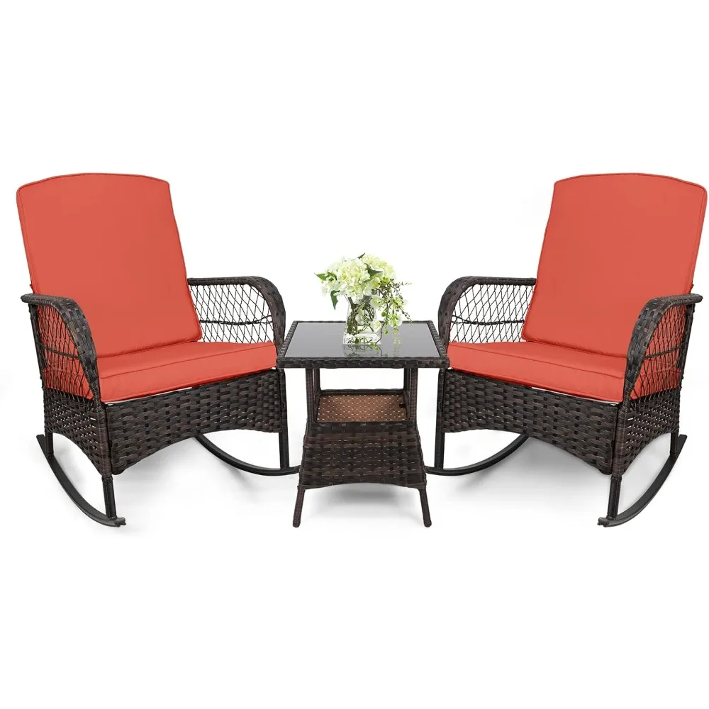 3 pcs Rocking Bistro Set Conversation Chairs PE Wicker Outdoor Rocking Chairs(Rocking Set,Orange Red)