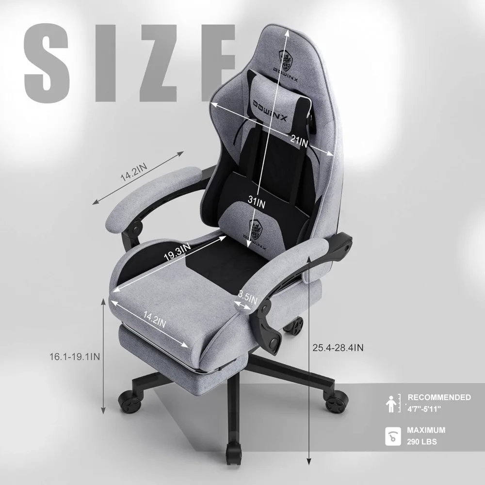 Gaming Chair Fabric with Pocket Spring Cushion, Massage Game Chair Cloth with Headrest, Ergonomic Computer Chair with Footrest