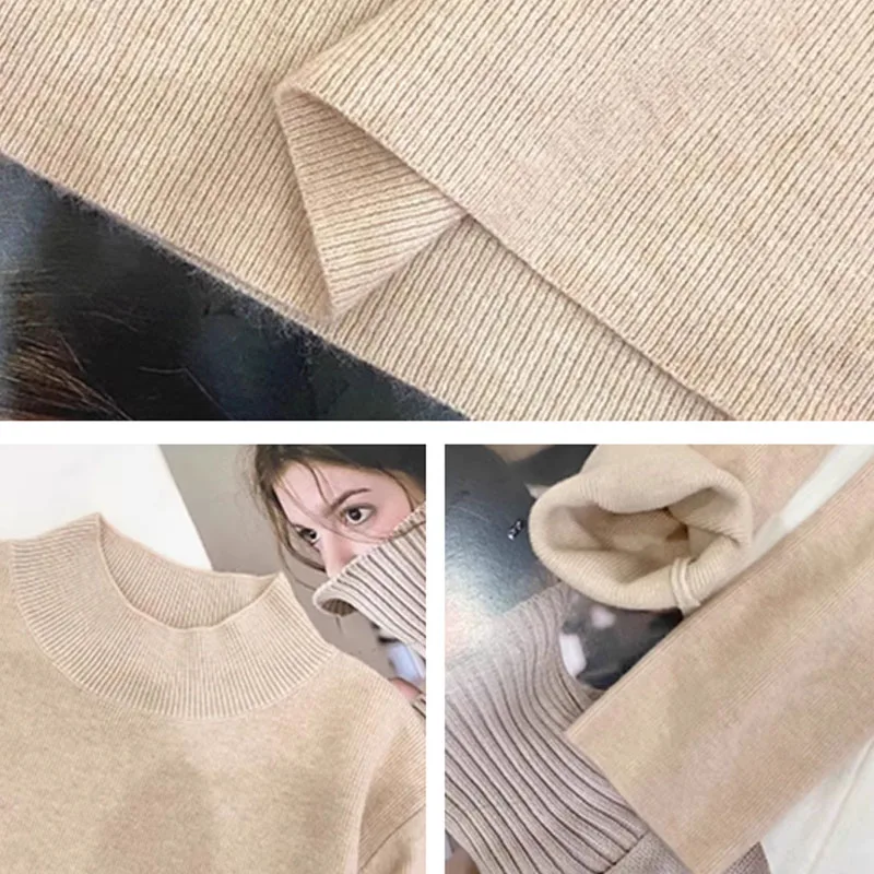 محبوك سترة المرأة البلوفرات الجديدة طويلة الأكمام وهمية الرقبة الأسود متماسكة سترة البلوز المرأة بلايز البلوزات Sueters De Mujer Q973