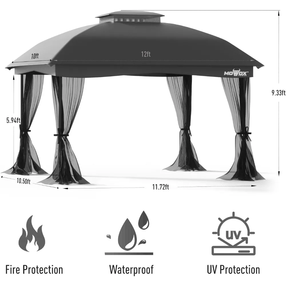 10 X 12' Gazebo with Waterproof Double Vent Roof, Easy-Set Up Gazebo with Mosquito Netting, Outdoor Gazebo for Garden, Backyard