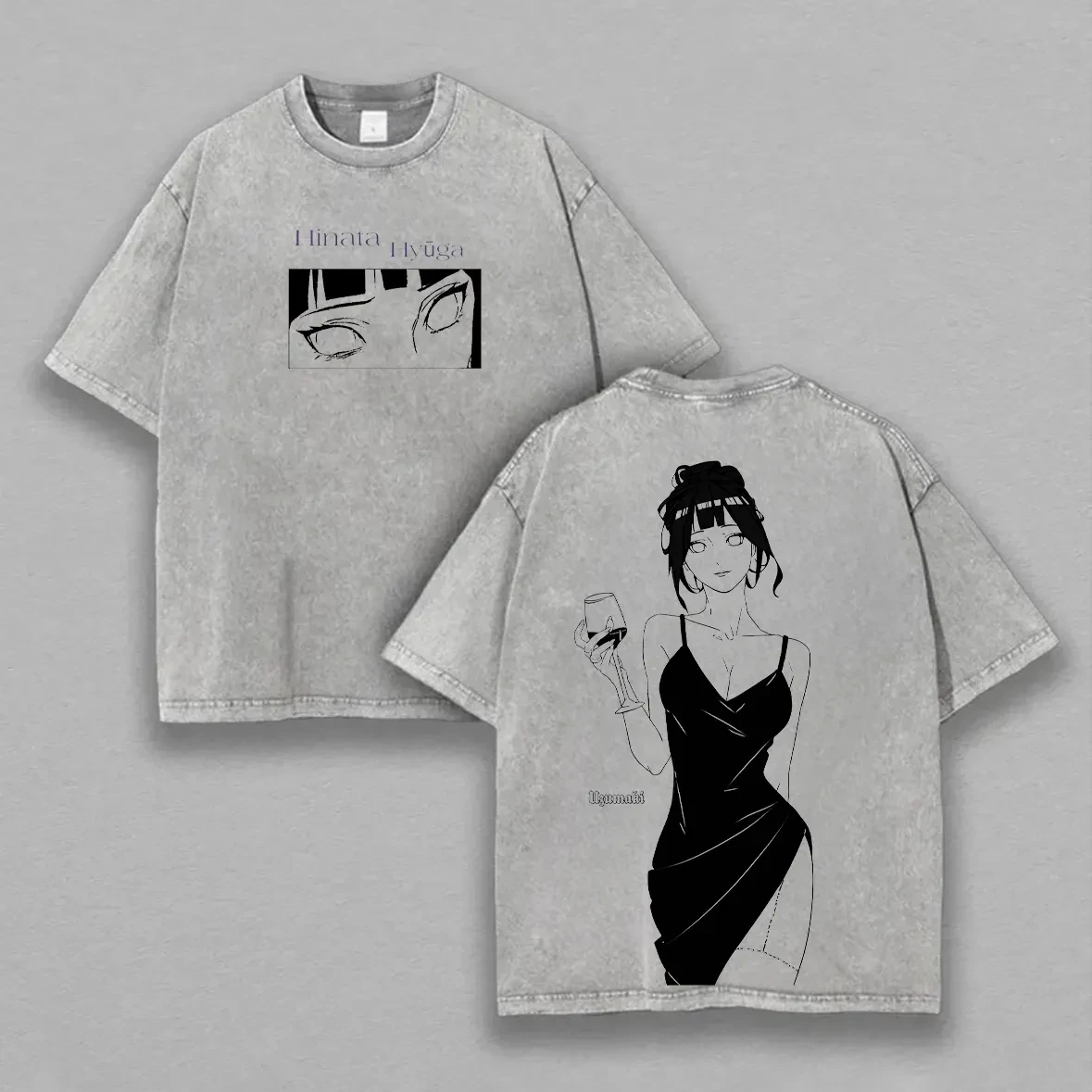 Hinata Hyuga T-Shirt Naruto Damen Acid Wash Rückenprint Kleid Anime Grafik Baumwolle Streetwear Byakugan Vintage Bootleg Tee