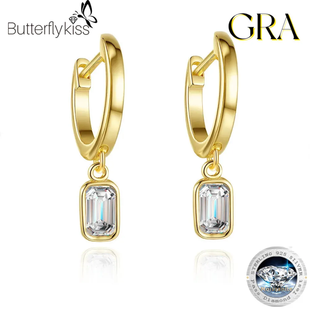 

Butterflykiss 100% 925 Sterling Silver Emerald Cut Moissanite Earrings 0.5 CT 14K gold Plated Long Earrings Fashion Gift Jewelry