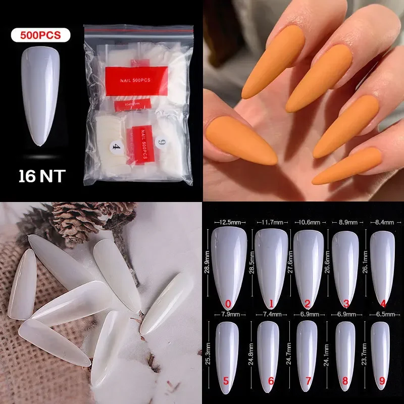 500pcs/bag Coffin False Nail Tips Clear Ballerina Stiletto Rounded Square Acrylic Fake Nails Extension System UV Gel Manicure