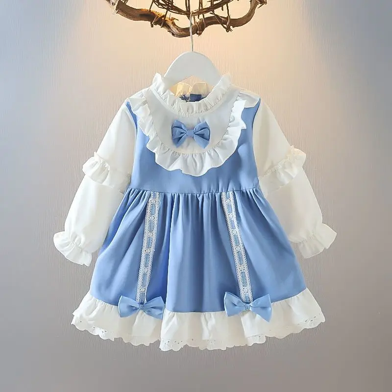 Lovely Clothing Splicing Ruffles Nine Points Sleeve Sweet Spring Autumn Kids Hollow Out Bow Round Neck Blue Girls Princess Dress