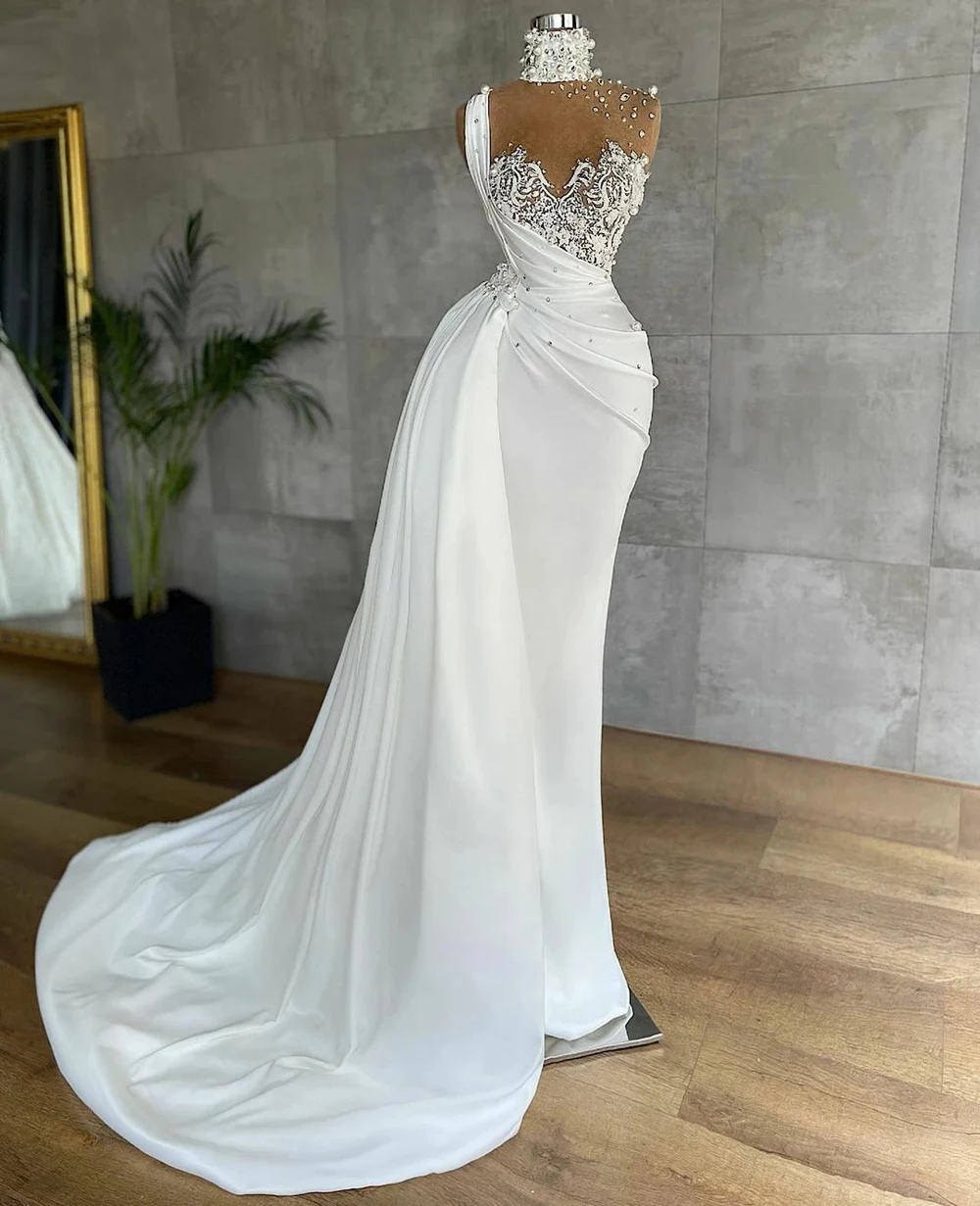 Elegant White Satin Evening Dresses High Neck Mermaid Luxury Crystal Pearls Lace Appliques Formal Party Prom Gown Robe De Soiree