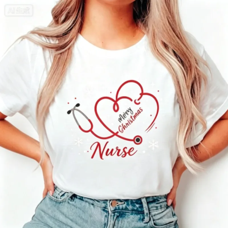 Women Round‑neck Cotton T‑Shirt Christmas Nurse Stethoscope Heart Graphic Print Holiday Casual Short‑sleeve Ladies Tops