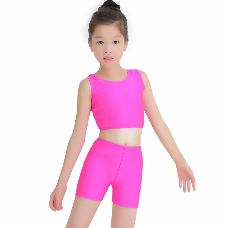 Body da balletto per bambini Abbigliamento da palestra Body da ballo in due pezzi per ragazza Gilet da ginnastica in spandex con pantaloncini coordinati