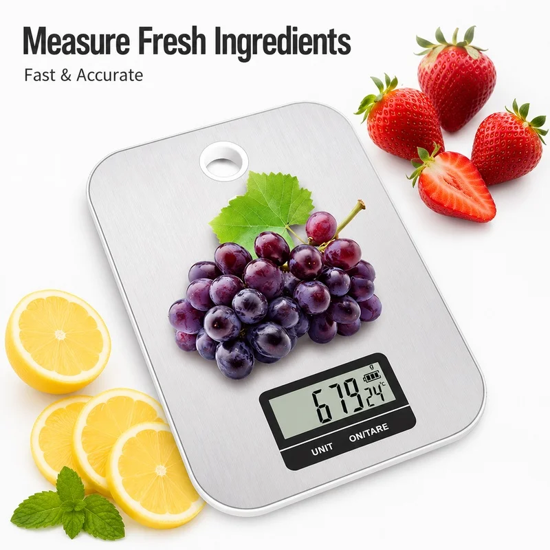 Multifunctional electronic kitchen scale with high-precision sensors, a clear LCD display, and a convenient automatic tare funct