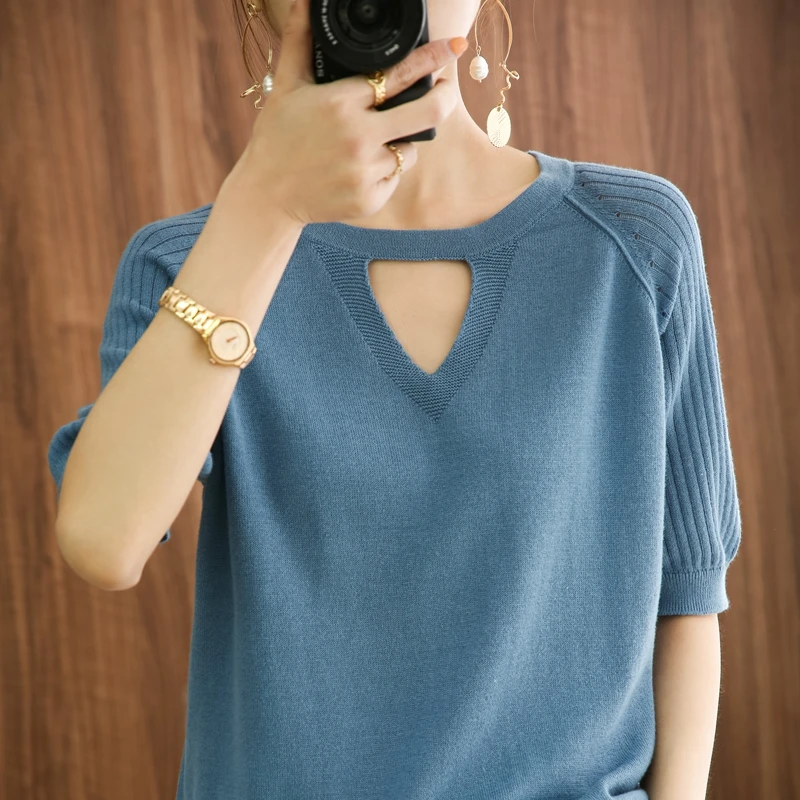 Summer women\'s T-shirt 100% cotton top casual knitting pullover short sleeve round neck T-shirt fashion sweater loose T-shirt