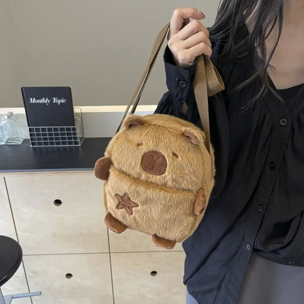 Cute Cartoon Capybara Crossbody Phone Bag Plush Large Capacity Shoulder Bag with Adjustable Strap Zipper Chest Bag