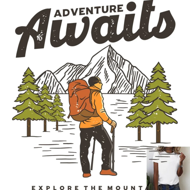 Adventure Awaits Hiker Graphic Heat Transfer White Ink Iron - on, Suitable for T - shirts/Canvas Bags/Backpacks, Versatile for