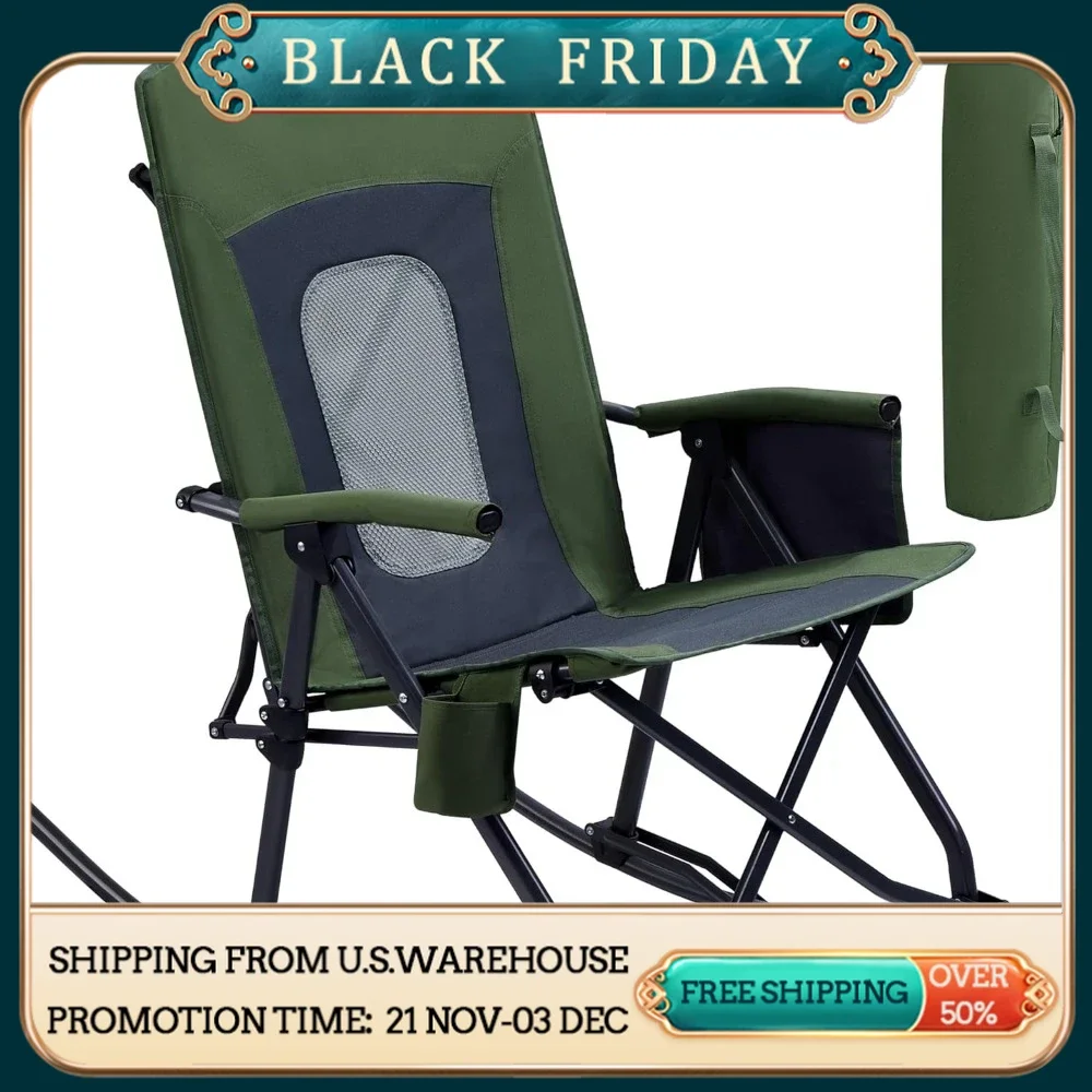 Oversized Folding Rocking Camping Chair Portable Outdoor Rocker with High Back Hard Armrests Carry Bag,Supports 400 lbs