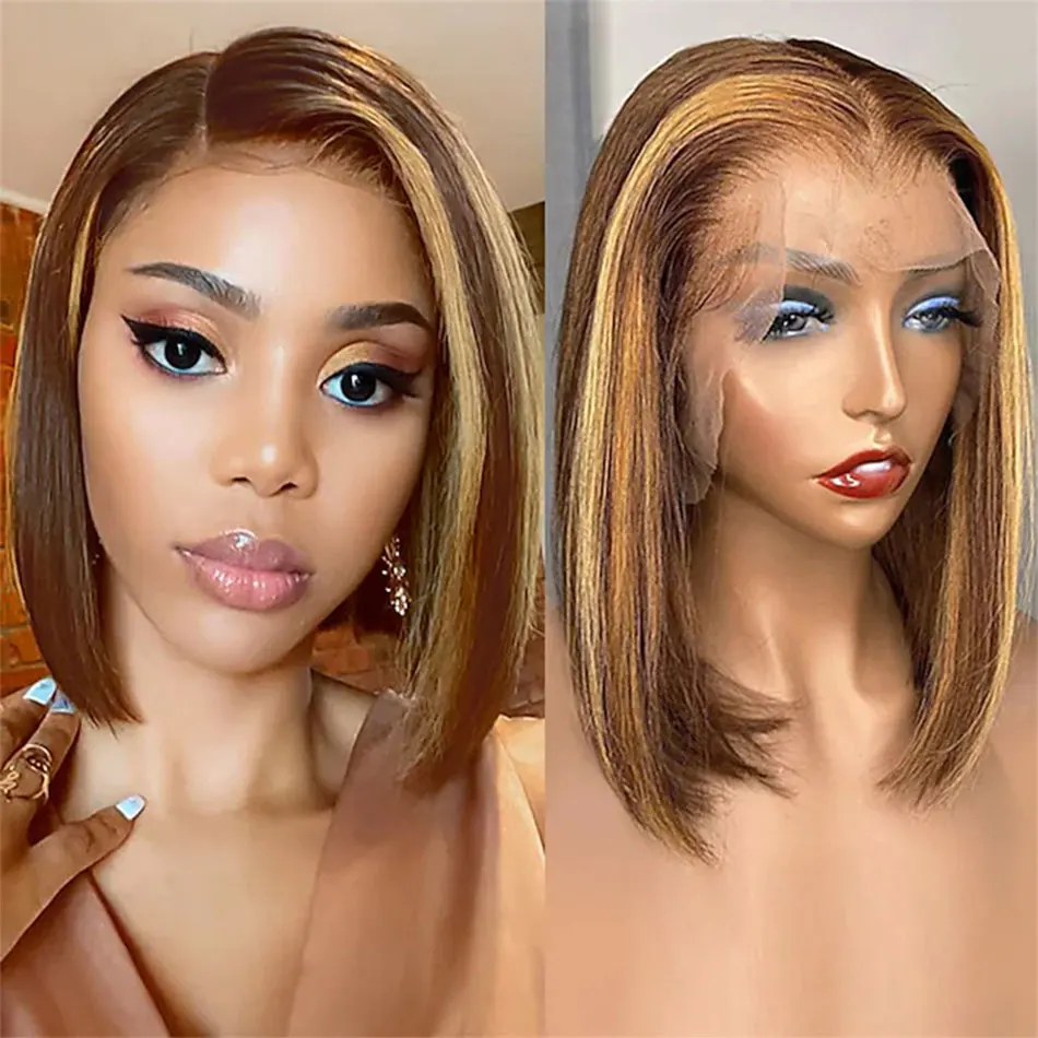 

14 16 inch 4/27 Ombre Highlight Bob Wig Human Hair Straight 13x4 Hd Lace Front Wig 200% Density Ombre Blonde Short Bob Wigs