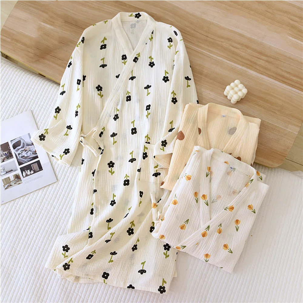 

2023 New Summer Kimono Bathrobe Women Sleep Tops Cotton Gauze Robe Pijamas Thin Nightwear Printed Night Dress Casual Nightgown