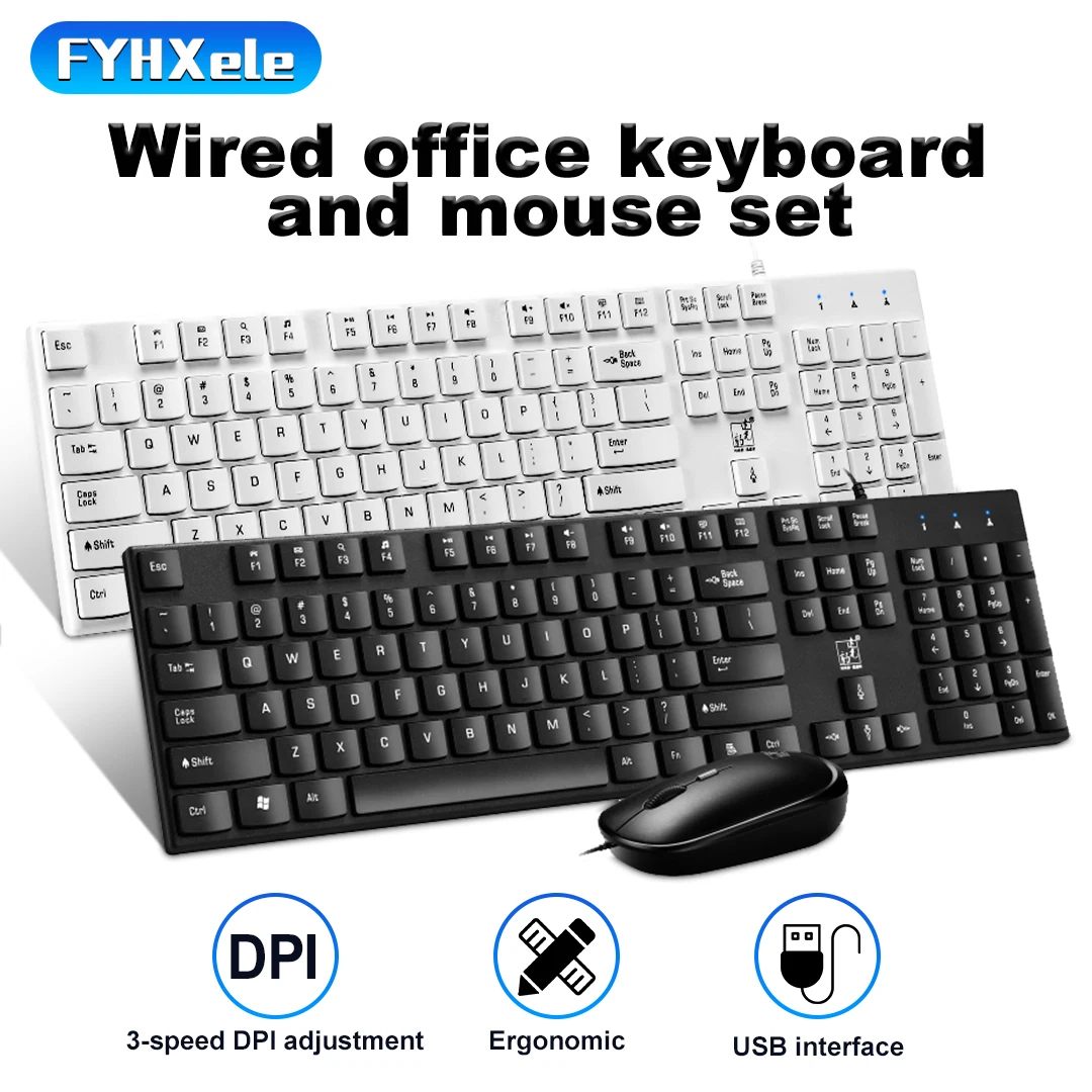 FYHXele Wired Keyboard and Mouse Set Desktop Laptop All-in-one Keyboard Combo Kits for Laptop Mac Desktop PC Business Office Hom