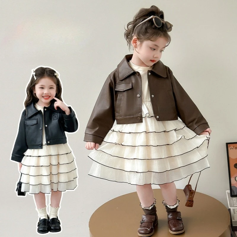 

Girls Dress Autumn Leather Jacket Set 2025 New Fashion Cake Skirt Two Piece Set