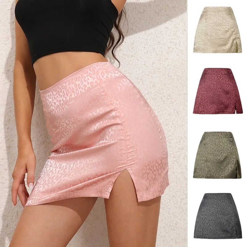 Summer Leopard Satin Skirt Women's High Waist Sexy Split Mini Skirt Back Zipper Y2K Baddie Aesthetic Club Essential Sexy