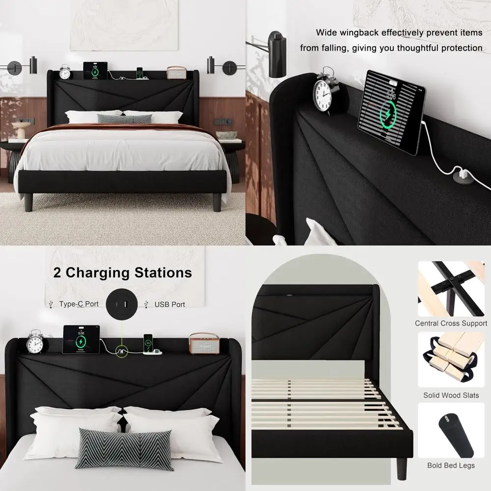 Black Queen Linen Bed with Charging, Storage, Solid Slats, No Box Spring Needed
