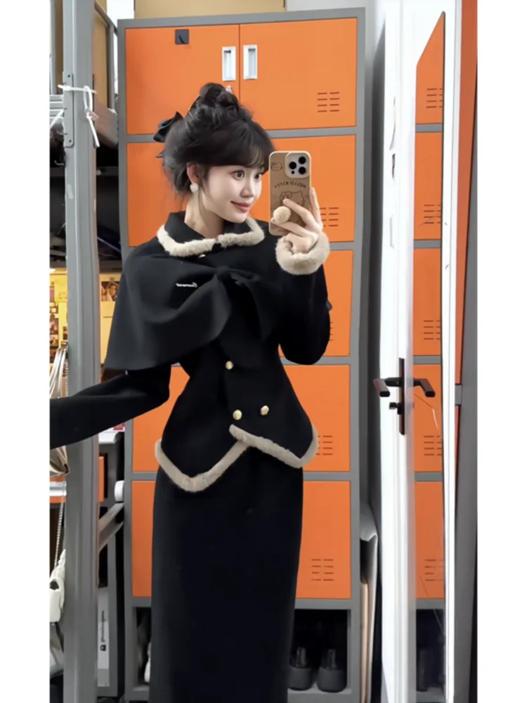 Inverno conjunto de três peças feminino estilo menina rica design destacável capa manga longa casaco cintura alta magro ajuste saia outfit