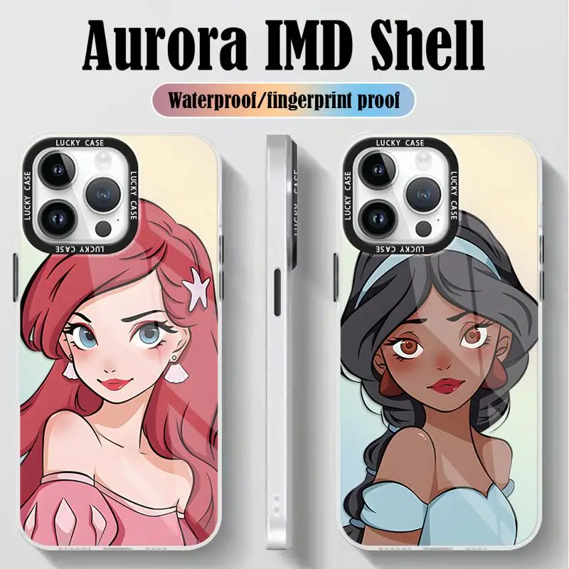 Iridescent Laser Clear Cover for iPhone 15 14 13 12 11 pro Max XS XR X 7 8 Disney Princess Jasmine Ariel Gradient Matte Case