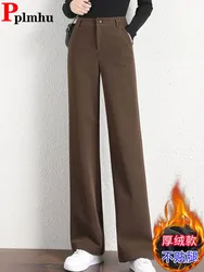 Winter Warm Baggy Woolen Wide Leg Pants Women High Waist Velvet Lined Straight Pantalones Casual Korean Snow Wear Solid Calca