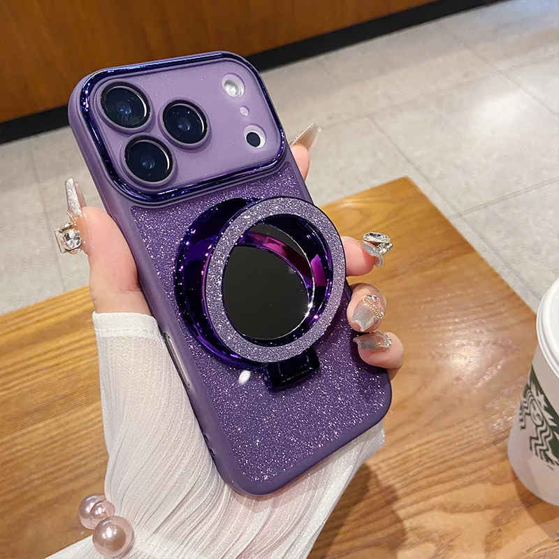 Funda de película de lujo con purpurina para cámara, paquete completo para IPhone 17 Pro Max Air 16 15 14 13 12, cubierta de soporte de espejo de maquillaje magnético