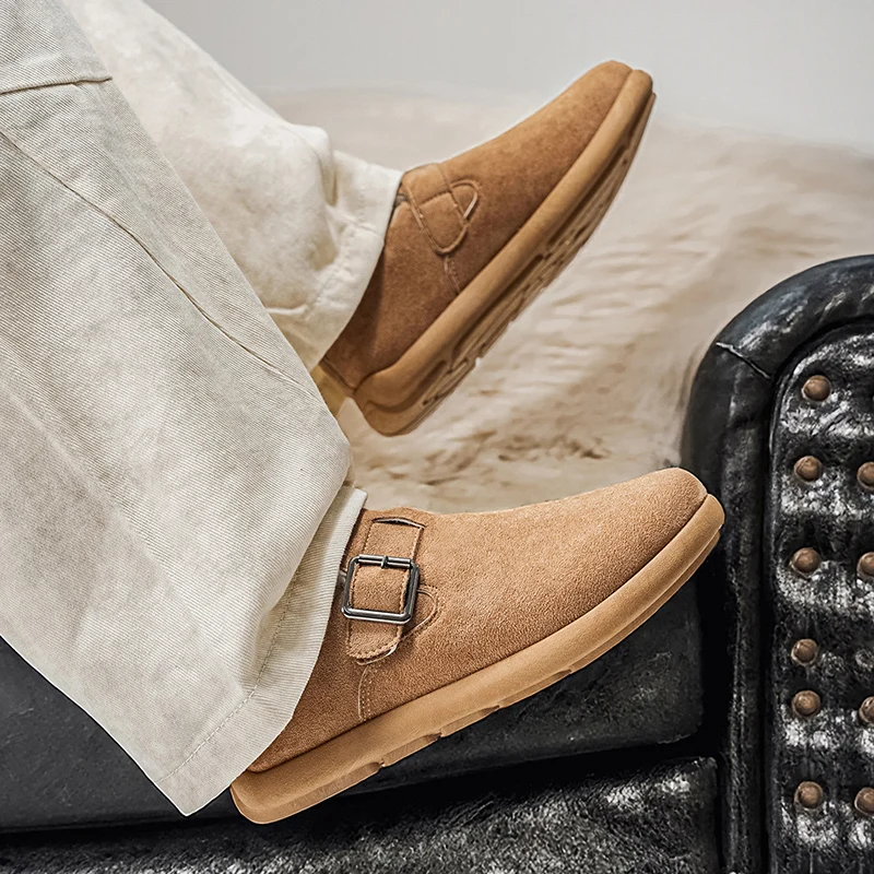 Chaussures d'hiver pour hommes, chaussures épaisses et moelleuses doublées en coton, chaussures chaudes en fourrure, bottes de neige à bout rond, Style loisirs, chaussures à fond plat