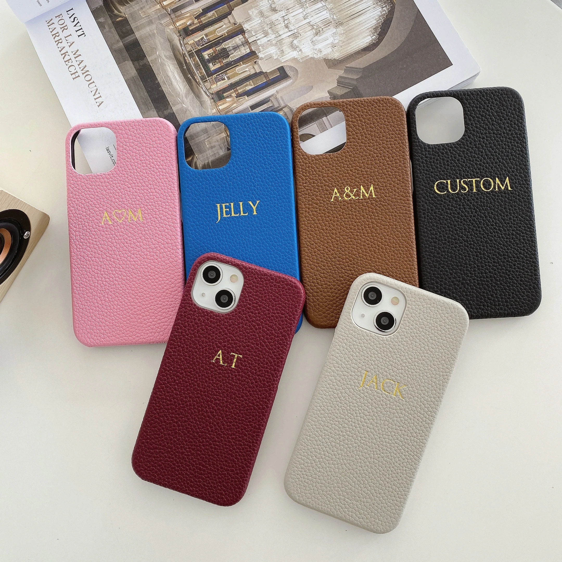 

Personalized Genuine Leather Phone Case Initial Custom Engraved Name Cover for iPhone16 15 14ProMax 14 16Plus 13 12 11Pro Max