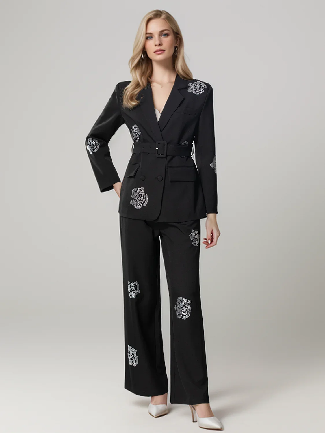 SEQINYY Black Suit Spring Autumn New Fashion Design Women Runway Blazer + Long Pants Beading Flower Rose High Street Office Lady