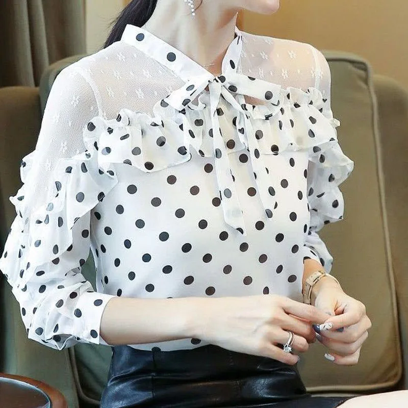 Elegant Fashion Women's Polka Dot Printed Lace Up Blouse Autumn Korean Casual Mesh Spliced Long Sleeve Shirt Female Clothing