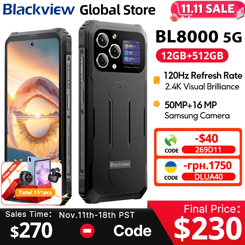 Blackview BL8000 5G robuuste smartphone 6,78" 2,4K FHD+ 120Hz scherm MediaTek Dimensity 7050 24GB 512GB 8800mAh 33W mobiele telefoon